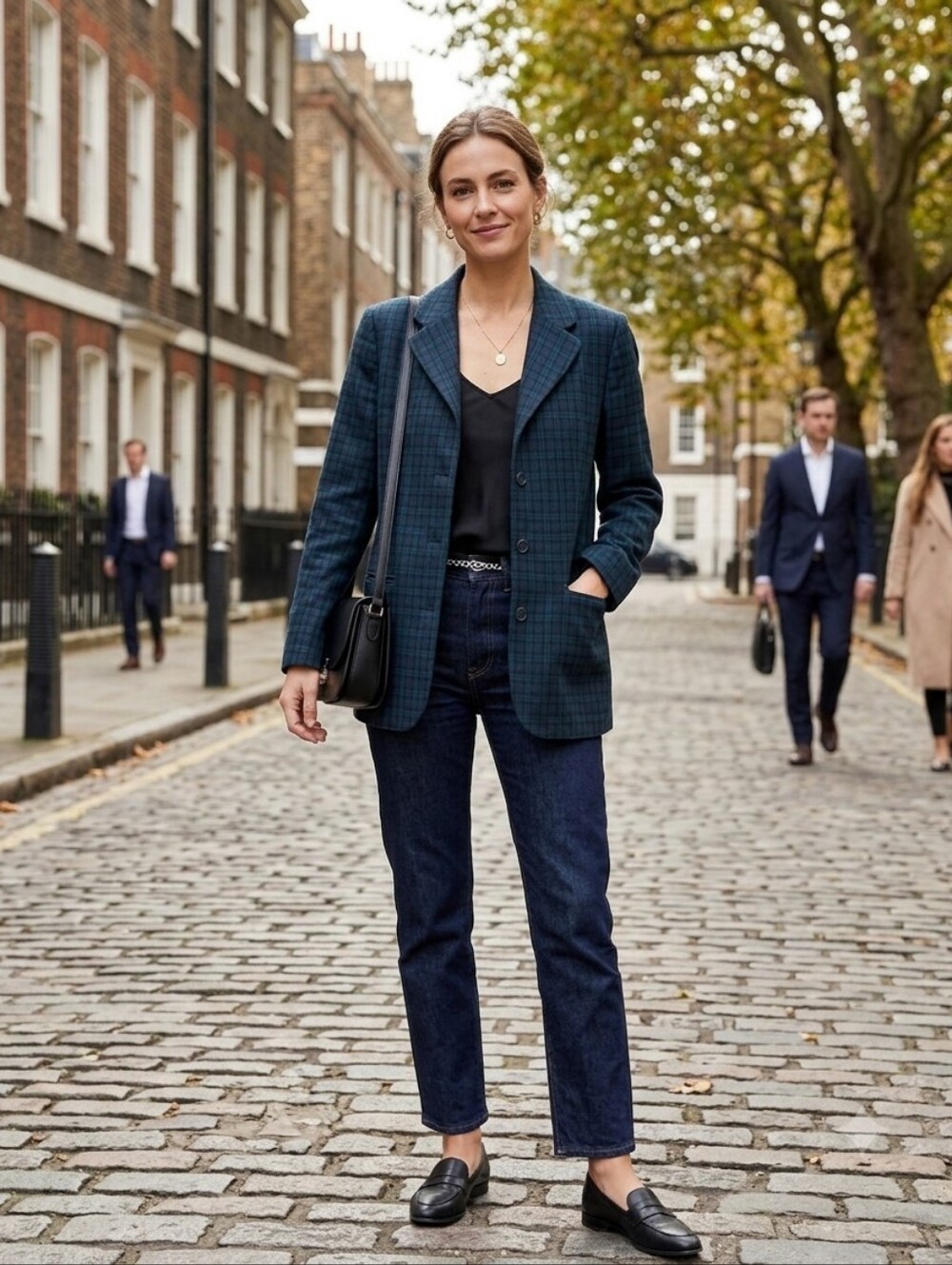 Navy Green Plaid 100% Wool Blazer - Classic Tailored Jacket